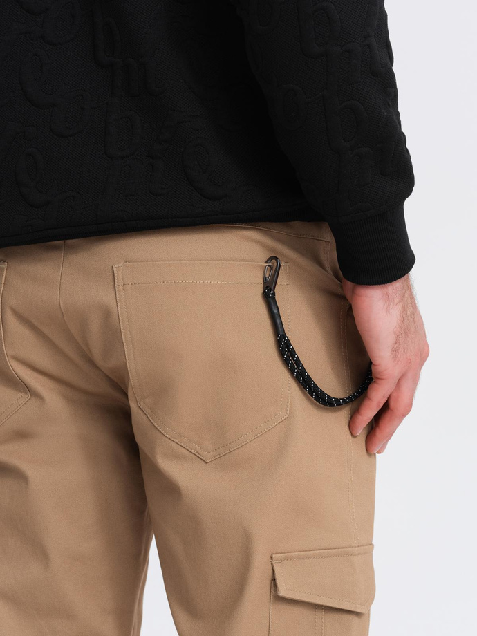 Men's pants with cargo pockets and leg hem - warm brown V2 OM-PACG-0189