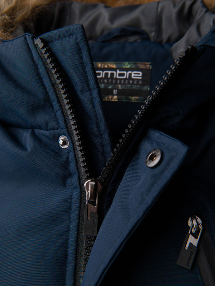 Alaskan men's winter jacket with detachable fur from the hood - navy blue V1 OM-JALJ-0148