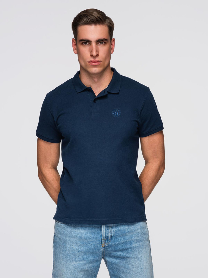 Jednokolorowa koszulka męska polo BASIC z dzianiny pique - granatowa V2 OM-POBS-0100