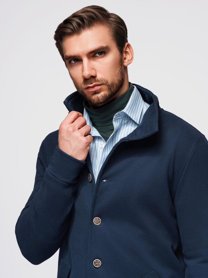Washed men's sweatshirt with decorative stitching at the neckline - navy blue V4 OM-SSDS-0131