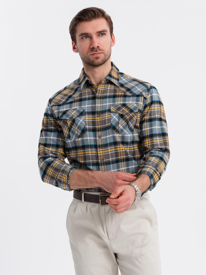 Men's checkered flannel shirt with pockets - gray-yellow V1 OM-SHCS-0149