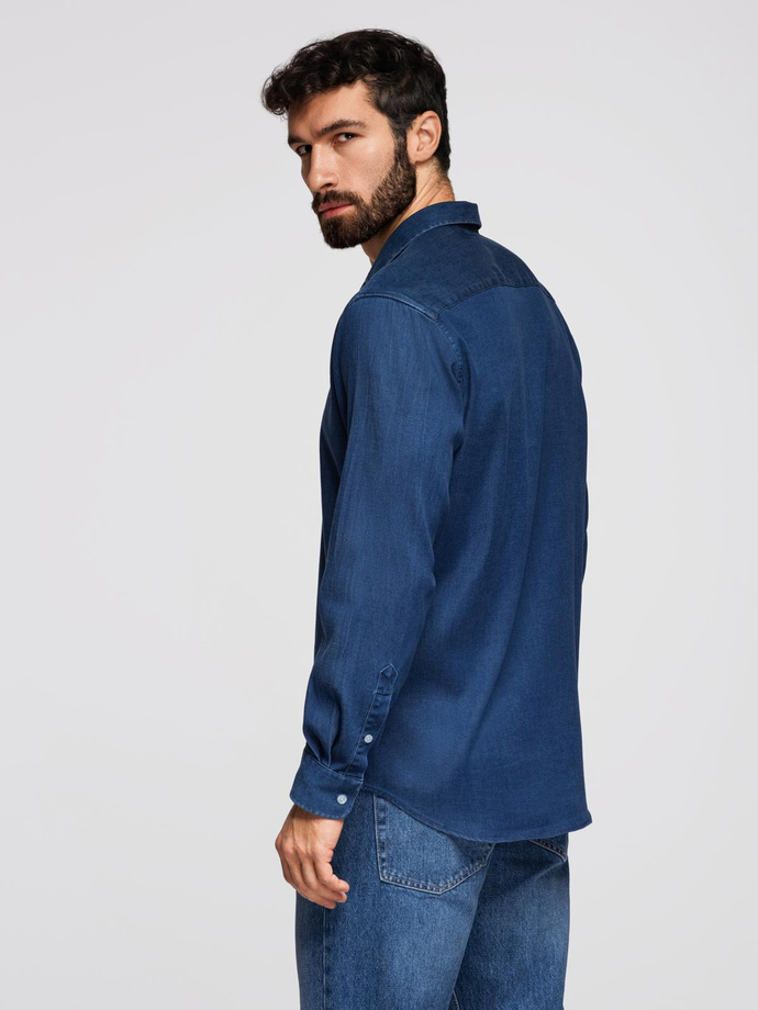 Men's denim shirt with lyocell and embroidery on chest - dark blue V1 OM-SHDS-0180