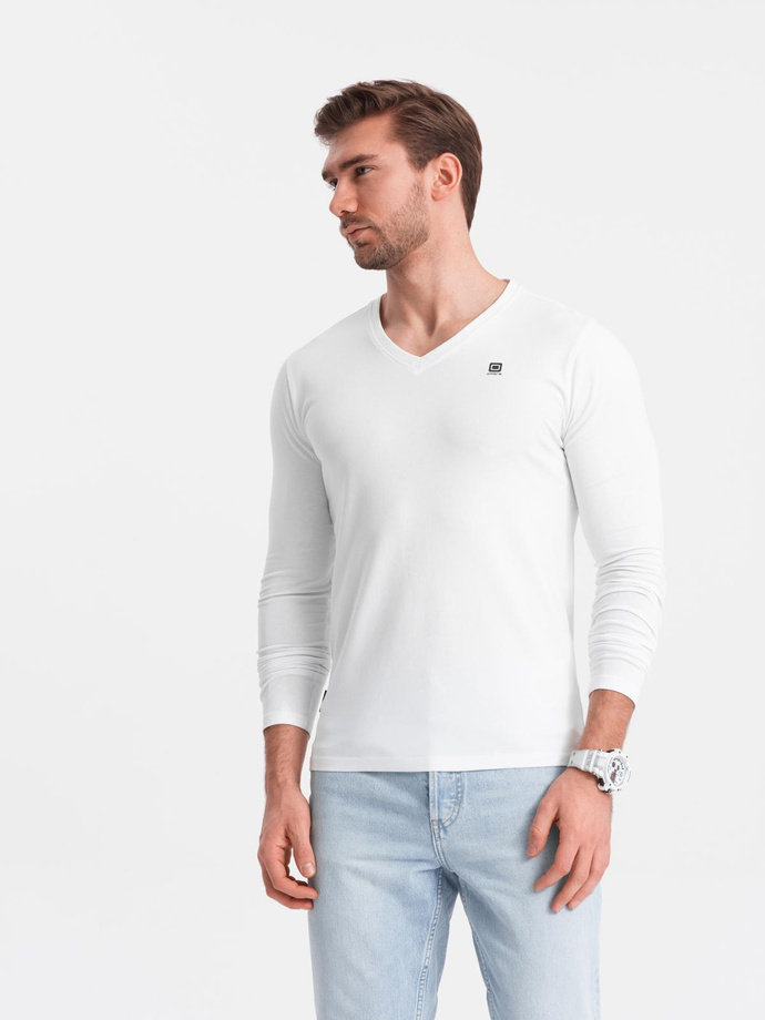 Set of men's SLIM FIT longsleeves with V-neck and logo 2-pack - 2x white V4 Z103