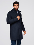 Men's coat with asymmetrical fastening and high collar - navy blue V3 OM-COWC-0141