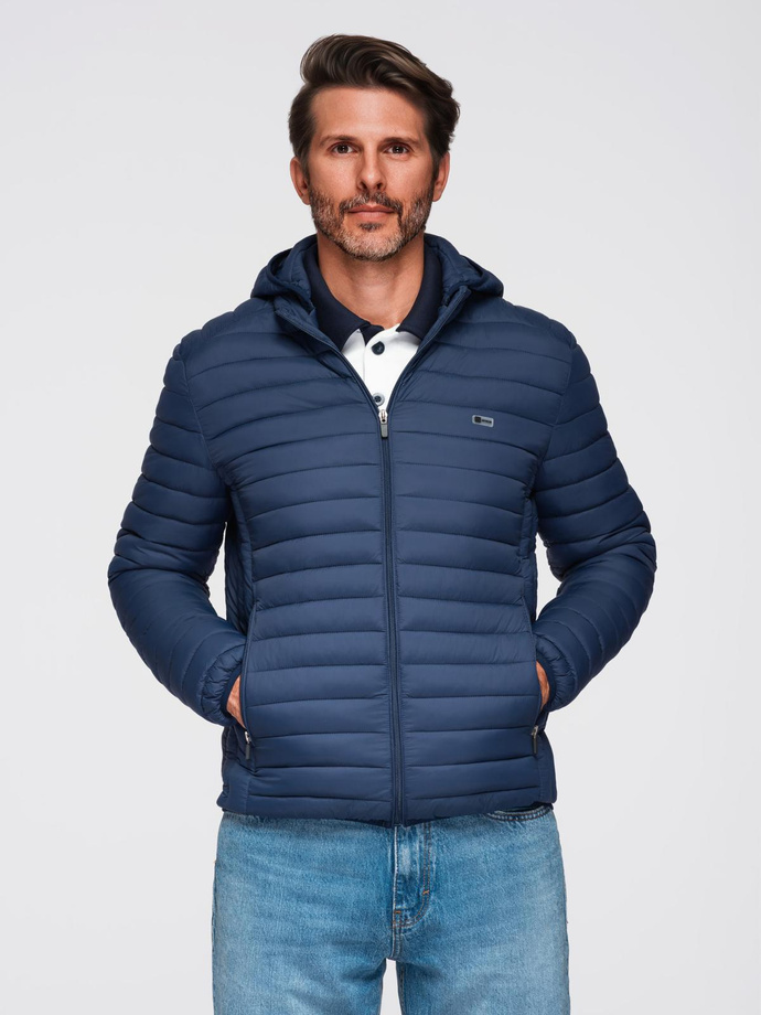Classic men's quilted jacket with pouch option - navy blue V1 OM-JALP-0295