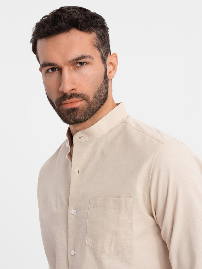 Men's linen shirt with collar and pocket REGULAR FIT - cream V3 OM-SHCS-0161