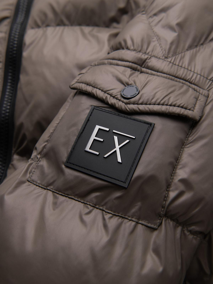 Warm men's puffer jacket with welts - dark beige V3 OM-JAHP-0207