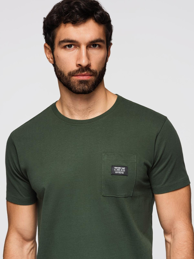 Casual men's t-shirt with patch on pocket - dark olive V4 OM-TSCT-0109