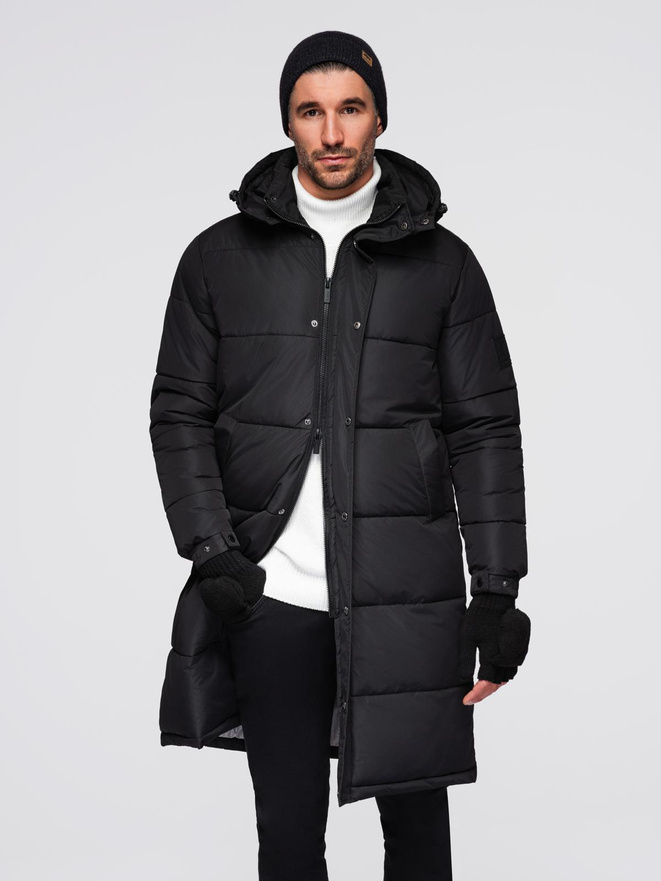 Men's quilted long jacket with detachable hood - black V1 OM-JALJ-0190