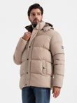Men's puffer jacket with check lining - beige V2 OM-JAHP-0205