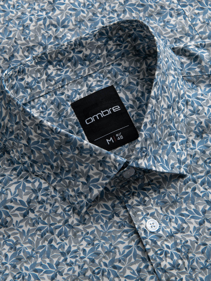Men's SLIM FIT shirt in small leaf print - light blue V1 OM-SHPS-0163