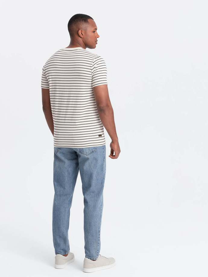 Men's striped t-shirt with patch by Ombre Design - cream and black V1 OM-TSCT-0183