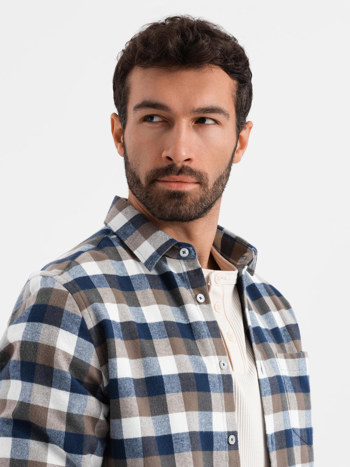 Classic men's flannel check cotton shirt - brown and navy blue V1 OM-SHCS-0157