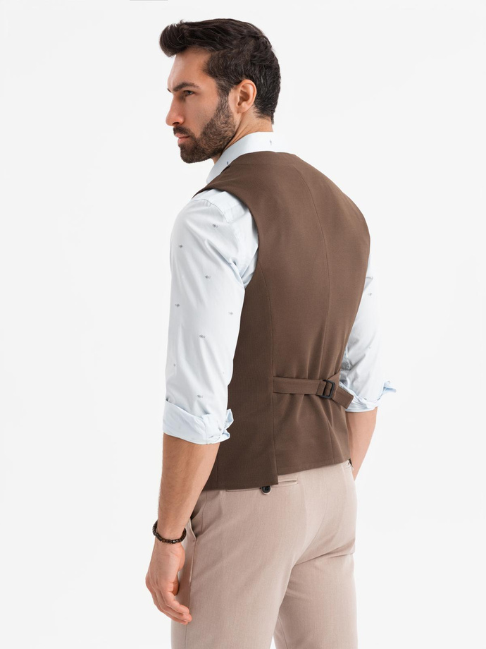 Fitted men's structured knit vest with lapels - brown V2 OM-BLZV-0144