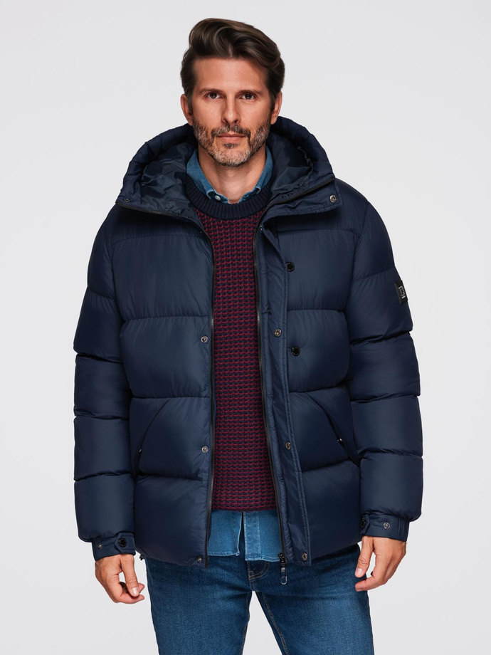 Men's quilted jacket with high zipped hood - navy blue V2 OM-JAHP-0238