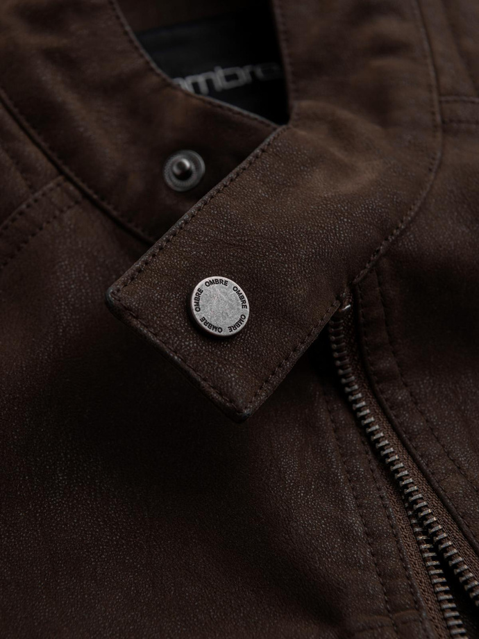 Men's retro biker jacket with stand-up collar - brown V1 OM-JAFL-0197