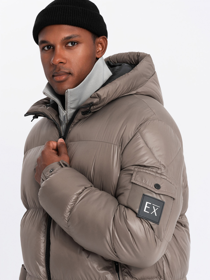 Ciepła męska kurtka puffer ze ściągaczami – ciemnobeżowa V3 OM-JAHP-0207