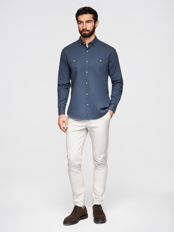 Men's linen shirt with classic collar and pockets REGULAR FIT - blue V4 OM-SHCS-0134