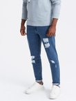 Washable men's TAPER FIT denim pants with rubbing - blue V2 OM-PADP-0163
