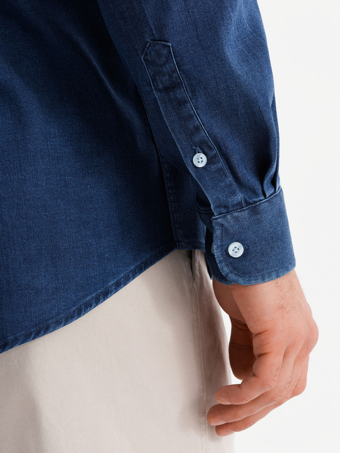 Men's denim shirt with lyocell and embroidery on chest - dark blue V1 OM-SHDS-0180