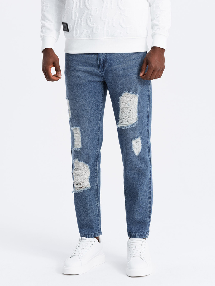 Męskie jeansowe spodnie TAPERED FIT z dziurami – ciemnoniebieskie V3 OM-PADP-0175