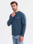 Men's cotton U-neck longsleeve with piping and chest print - dark blue V1 OM-LSCL-0127