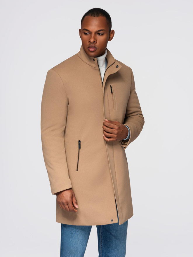 Men's coat with asymmetrical fastening and high collar - light brown V4 OM-COWC-0120