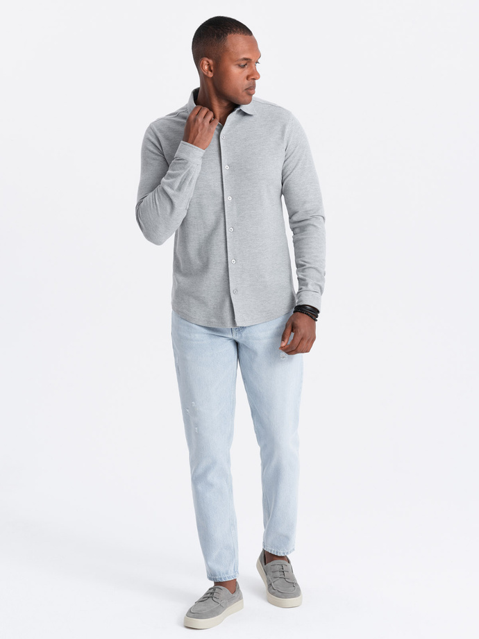 Męska koszula dzianinowa SLIM FIT z długim rękawem – szara V5 OM-SHCS-0177