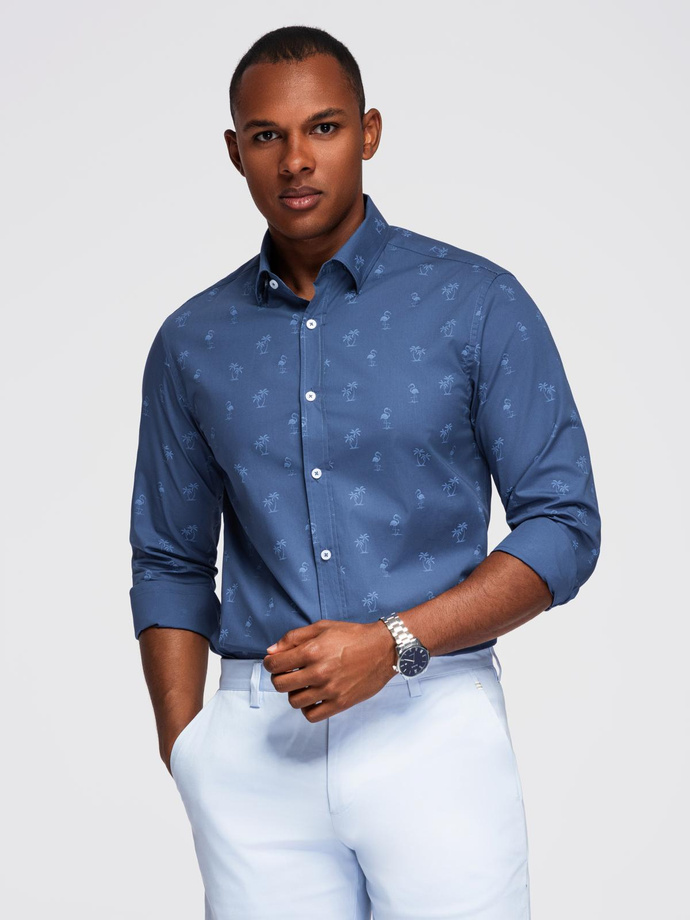 Classic men's cotton SLIM FIT shirt in palm trees - dark blue V5 OM-SHCS-0156