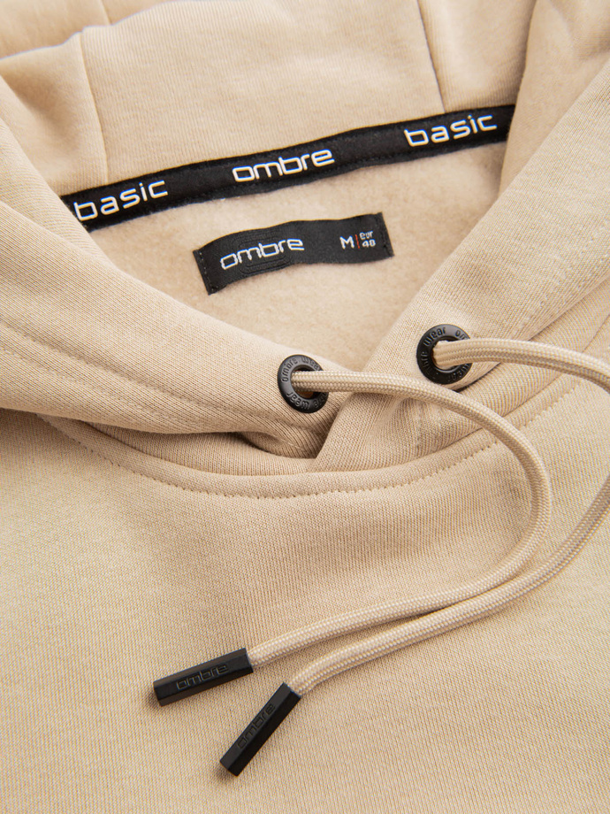 BASIC men's cotton sweatshirt kangaroo hoodie - beige V6 OM-SSBN-0161