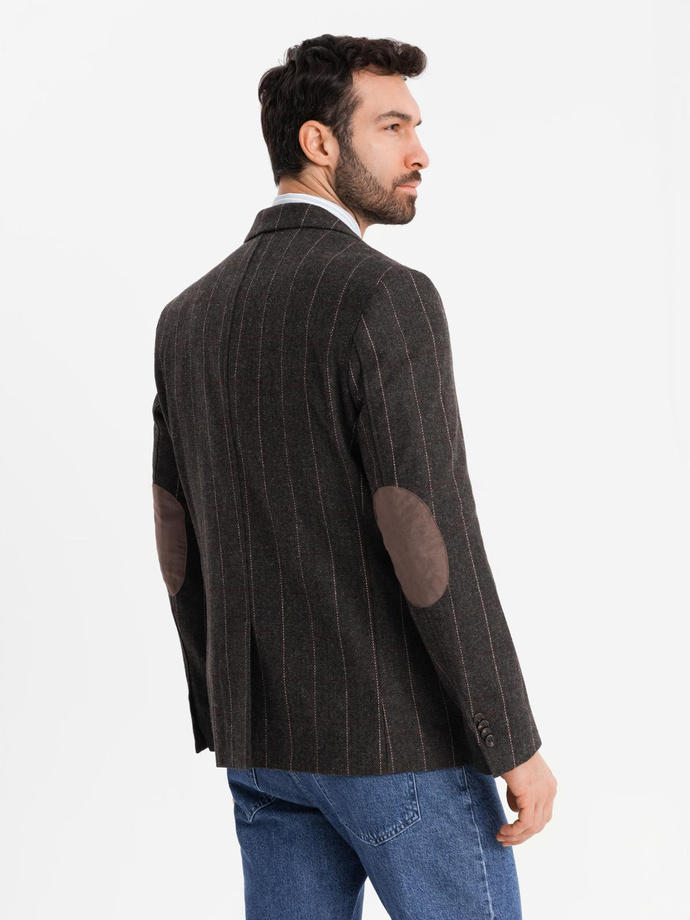 Męska elegancka marynarka w kratkę z domieszką wełny – ciemnobrązowa V3 OM-BLZB-0137