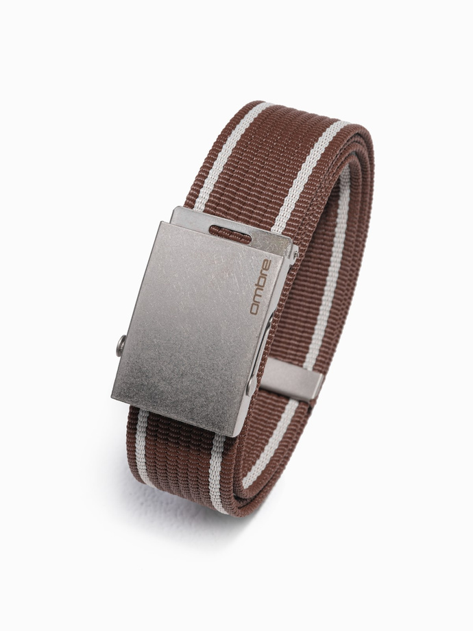 Two-tone men's parchment belt with horizontal stripes border - brown A820