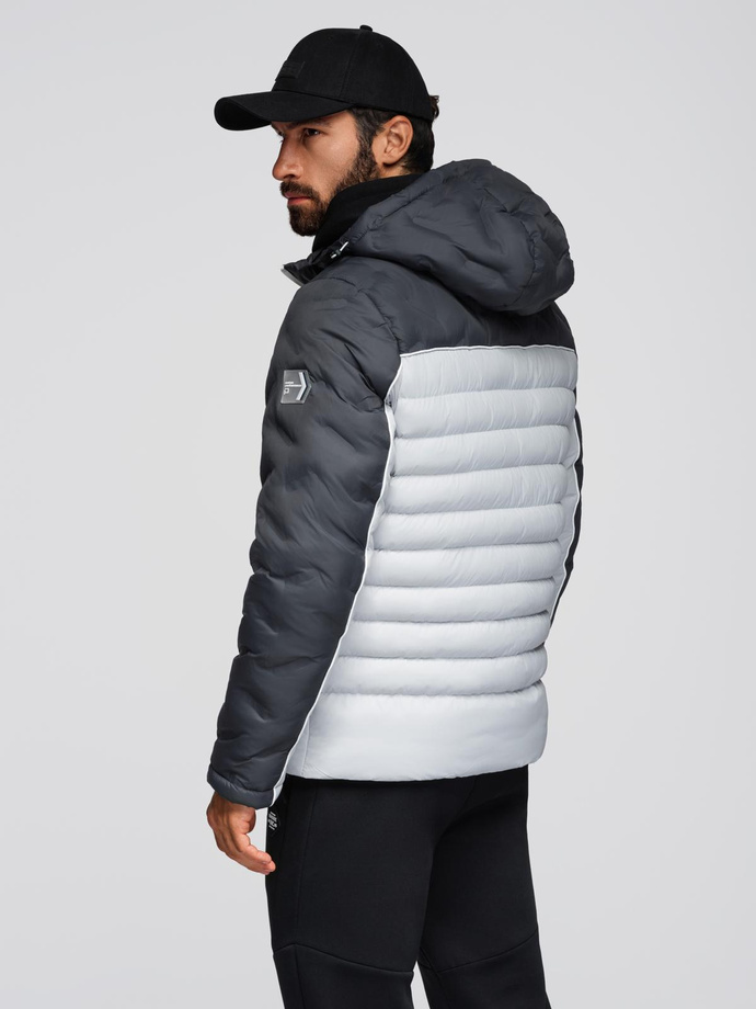 Men's quilted jacket with detachable hood - graphite and white V3 OM-JALP-0206