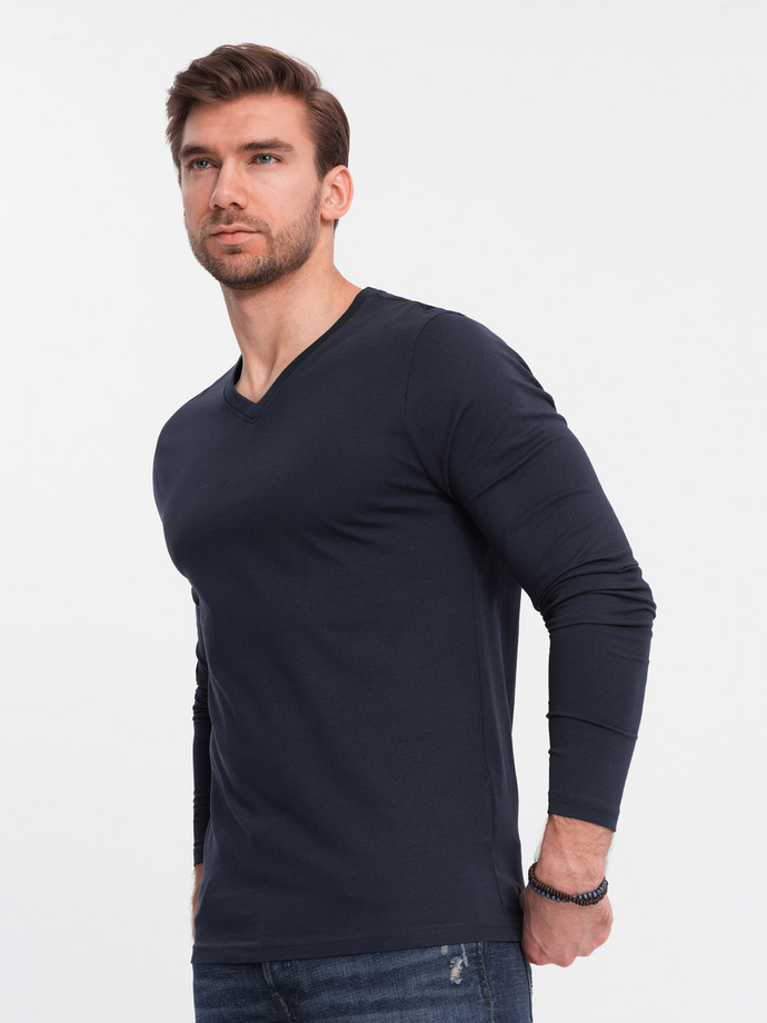 Men's unprinted longsleeve with v-neck - navy blue V5 OM-LSBL-0108