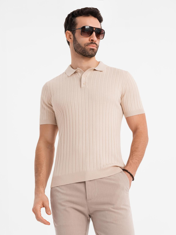 Men's SLIM FIT viscose vertical striped polo shirt - beige V2 OM-POSS-0143