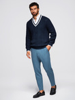 Men's plaid sweater with crew neckline - navy blue V2 OM-SWSW-0151