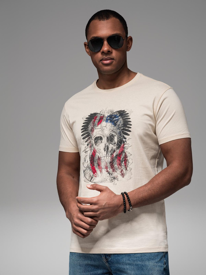 Men's cotton t-shirt with rock style print - cream V1 OM-TSPT-0199