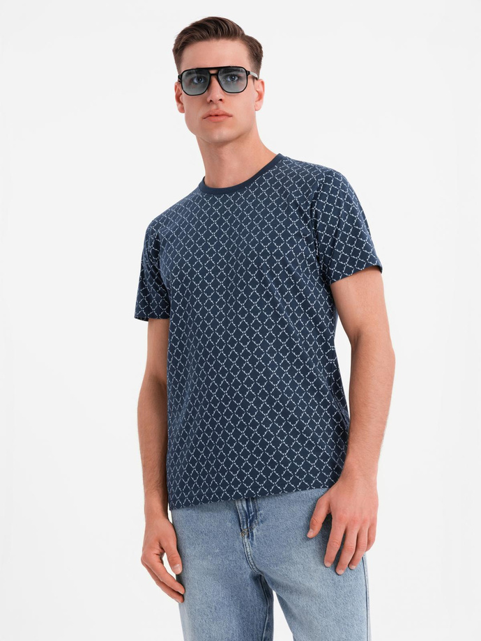 Men's full print knit shirt - navy blue V1 OM-TSFP-0250
