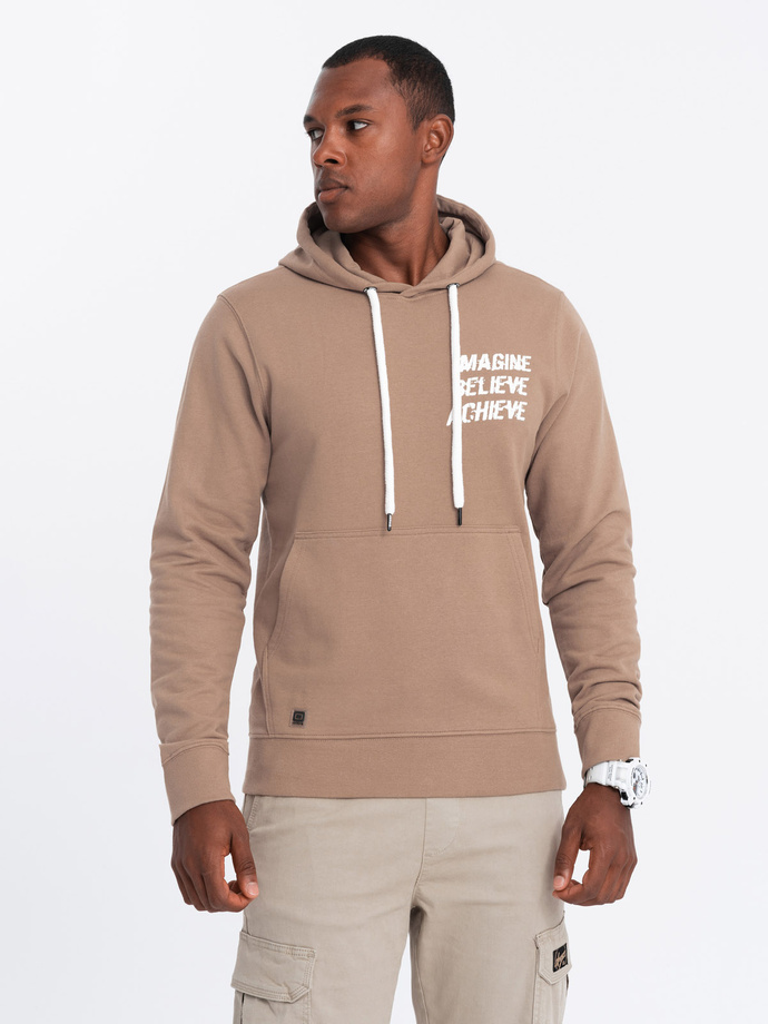Bluza męska hoodie z nadrukiem na plecach - jasnobrązowa V2 B1357