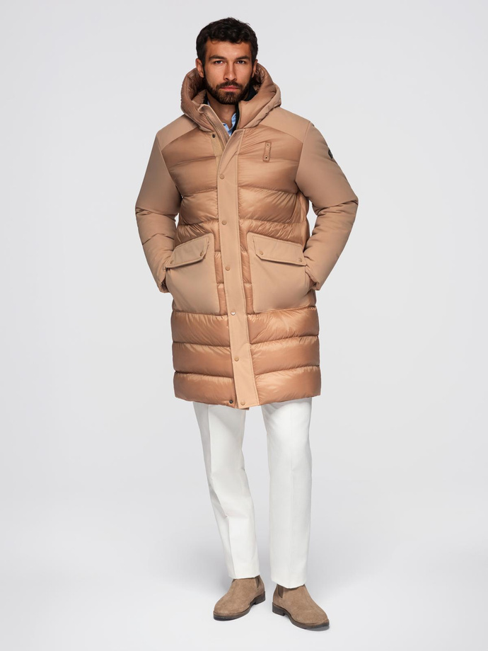 Men's long quilted jacket with large pockets - beige V2 OM-JALJ-0308