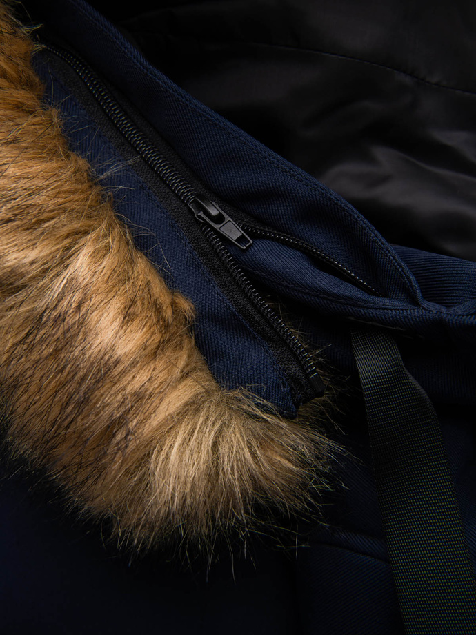 Men's long warm parka hooded jacket - navy blue V1 OM-JALJ-0182
