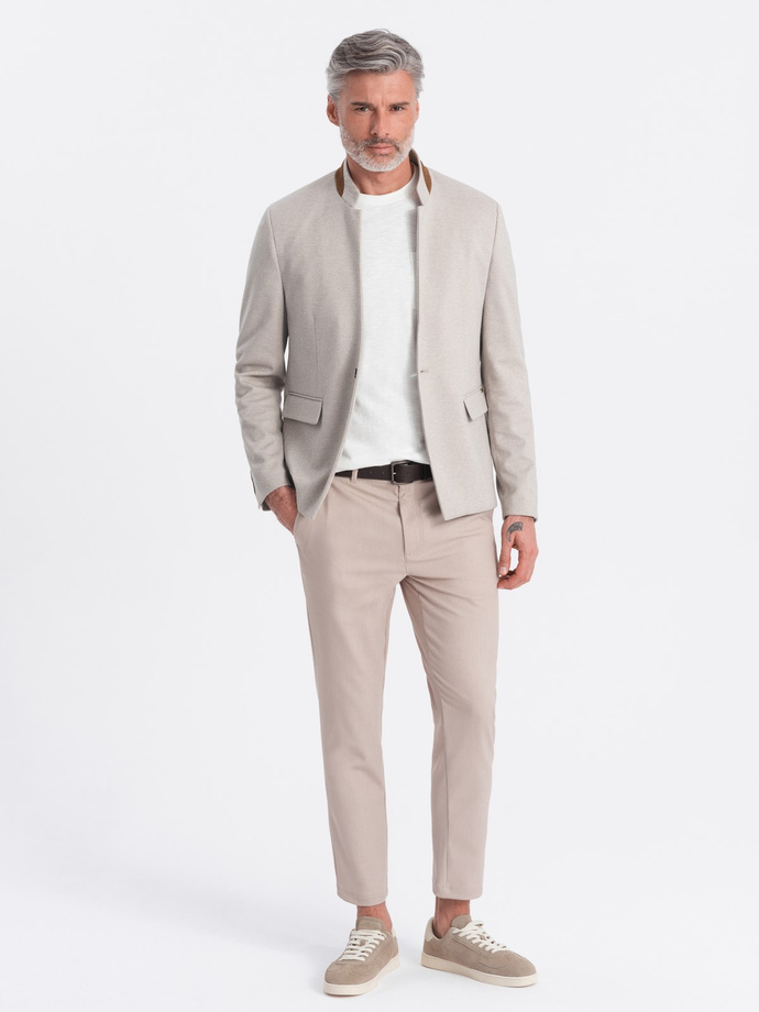Men's melange rayon jacket with stand-up collar - beige melange V3 OM-BLZB-0131