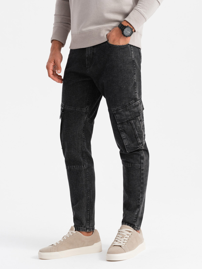 Jeansowe spodnie cargo SLIM FIT z efektem wybielania – czarne V2 OM-PADP-0176