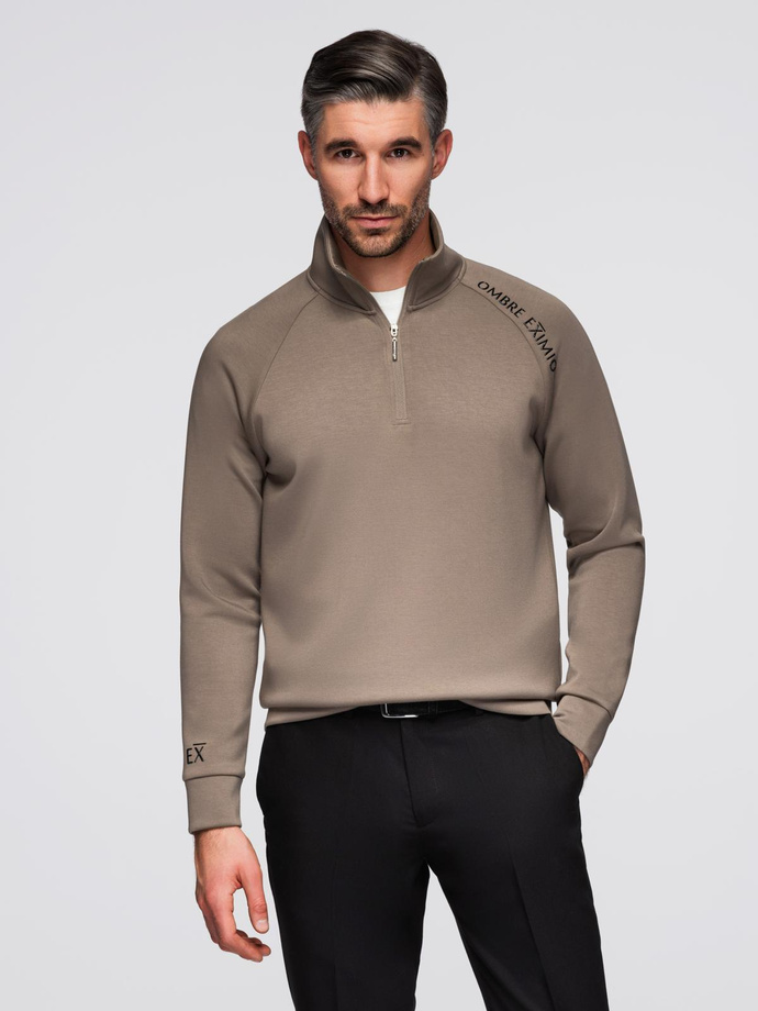 Men's sweatshirt with contrasting print and unbuttoned high collar - grey-brown V3 OM-SSZP-0211