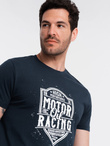 T-shirt męski z nadrukiem w stylu motocyklowym – granatowy V4 OM-TSPT-0125