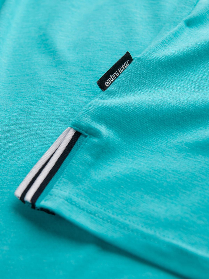 Men's henley t-shirt with decorative ribbing - turquoise V7 OM-TSCT-0175
