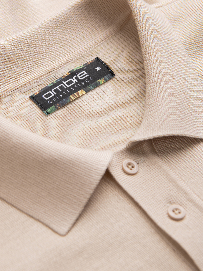 Men's soft knit polo shirt with contrasting stripes - beige V4 OM-POSS-0118