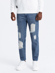 Men's TAPERED FIT denim pants with holes - dark blue V3 OM-PADP-0175