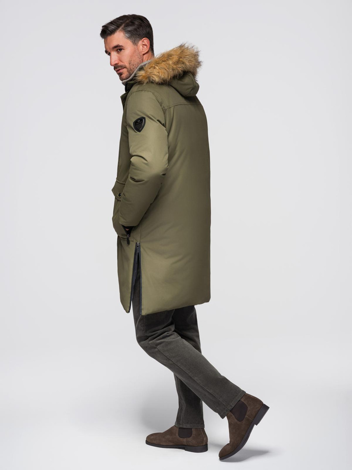 Alaskan men's winter jacket with detachable fur from the hood - dark olive green V3 OM-JALJ-0148