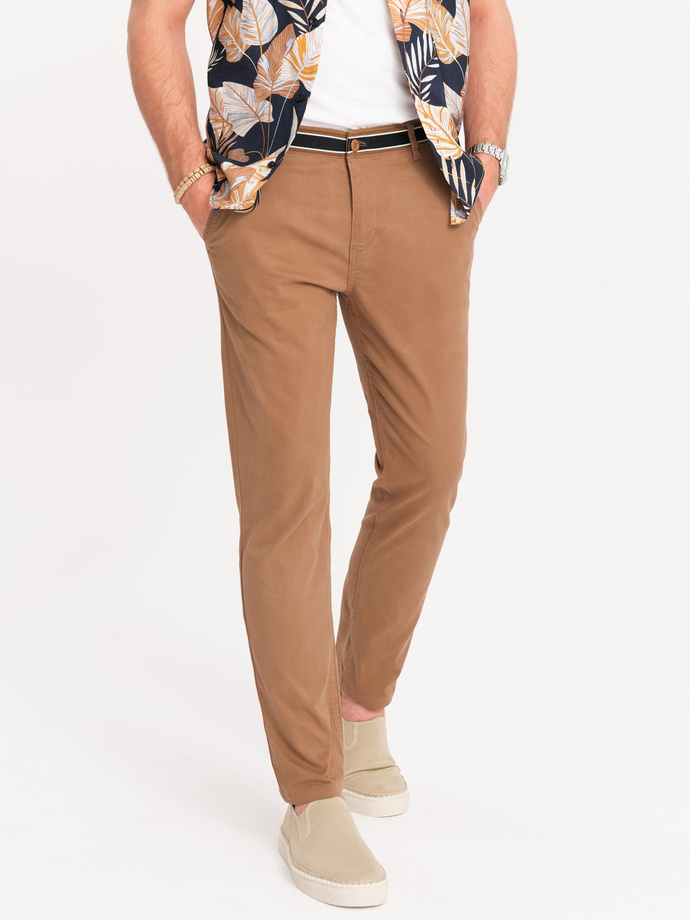 Spodnie męskie chino z ozdobną taśmą w pasie SLIM FIT – brązowe V4 OM-PACP-0118